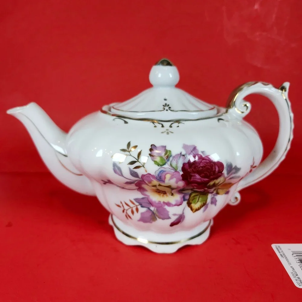 Vintage Musical Teapot White Floral Gold Trim Wind Up Novelty‎ Collectible